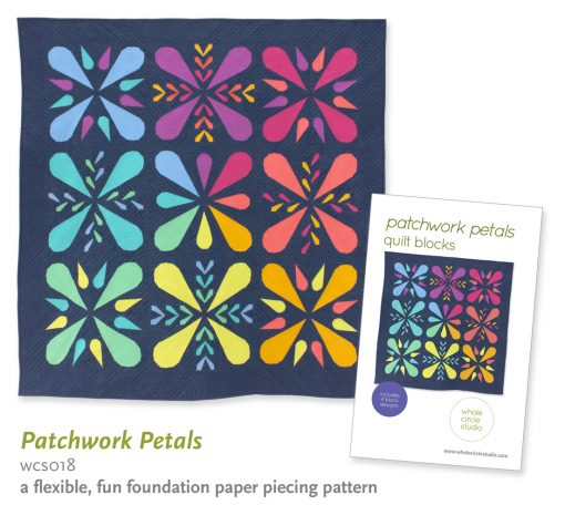 Patchwork Petals Quilt Block pattern. An easy foundation paper piecing pattern. Made with rainbow cotton solids. 