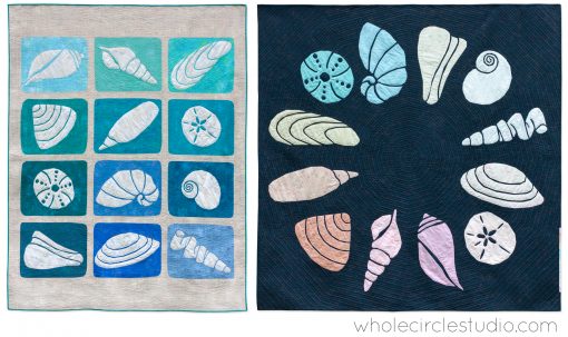 A cute beach themed mini quilt, Shoreline Sea Glass. A foundation paper piecing (FPP) patter by Whole Circle Studio. Sample made with Moda Grunge.